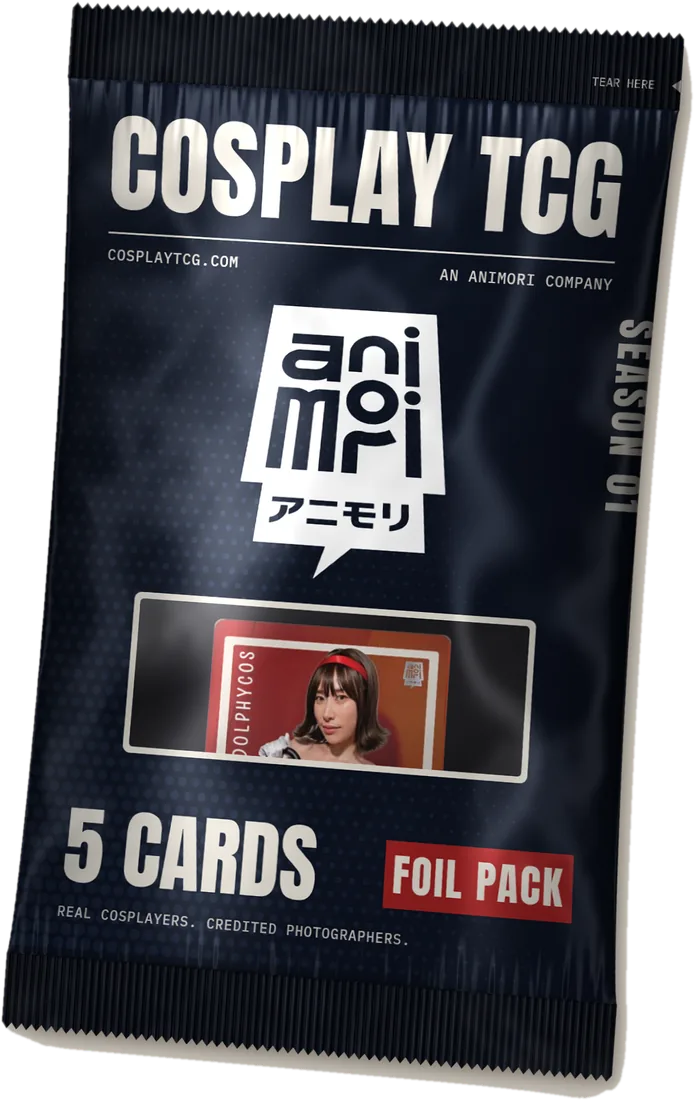 Navy foil pack mockup: Cosplay TCG, Season 01, 5 cards, with the Animori mark and a window showing a card